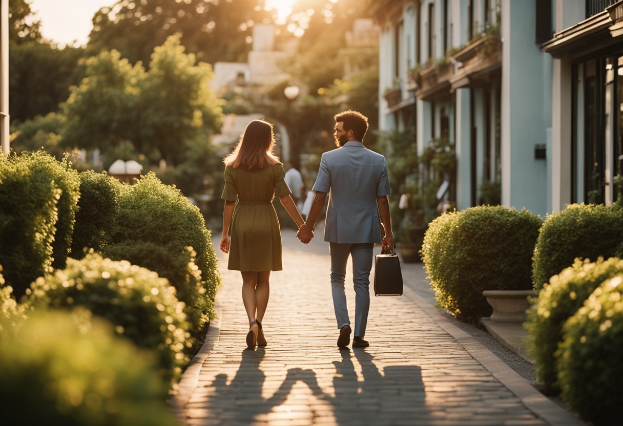 A couple walking hand in hand towards a charming hotel with a heart-shaped sign, surrounded by lush greenery and a romantic sunset in the background