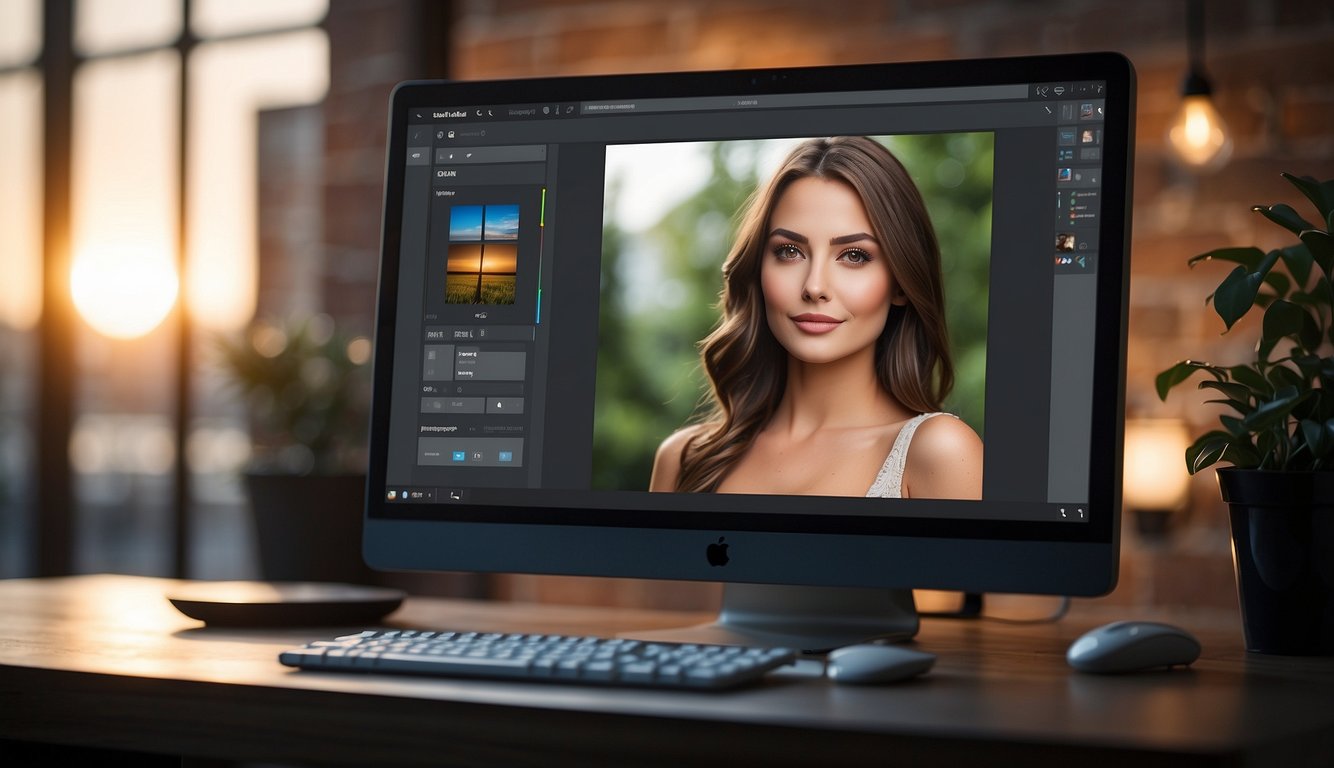 A computer screen with Photoshop open, showing skin retouching tools and a portrait image with smooth skin effect applied