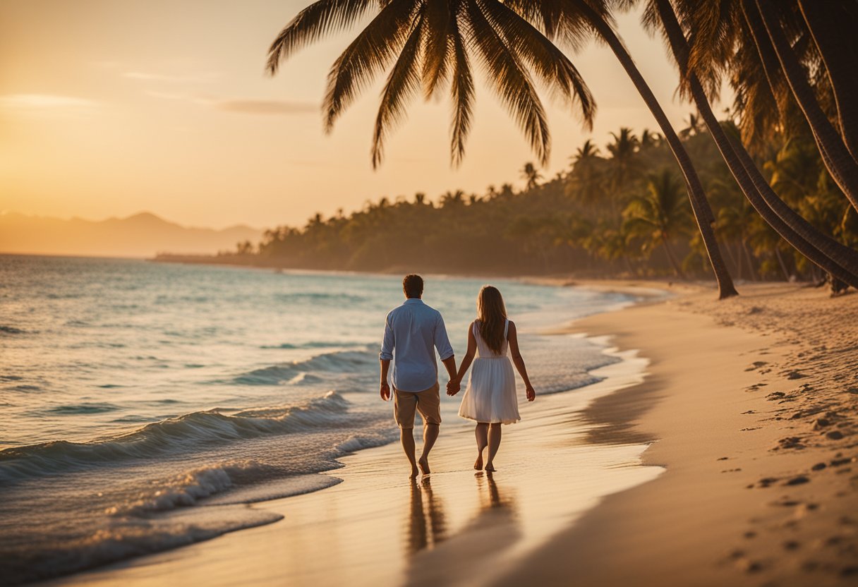 A couple walks hand in hand along a picturesque beach at sunset, with a backdrop of palm trees and crystal-clear waters, creating a romantic atmosphere in a tropical destination