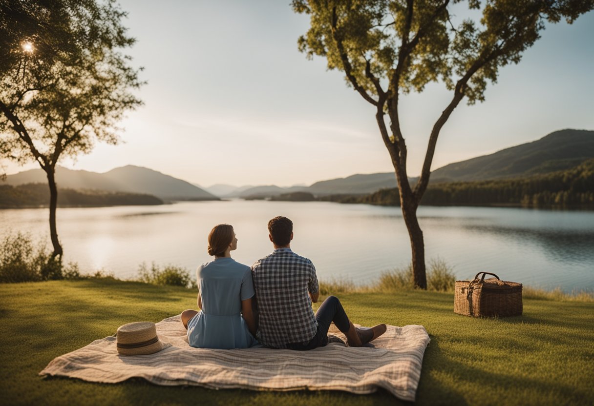 A couple sits on a blanket in a picturesque outdoor setting, surrounded by nature. They are enjoying a romantic picnic with a view of a famous tourist destination in the background