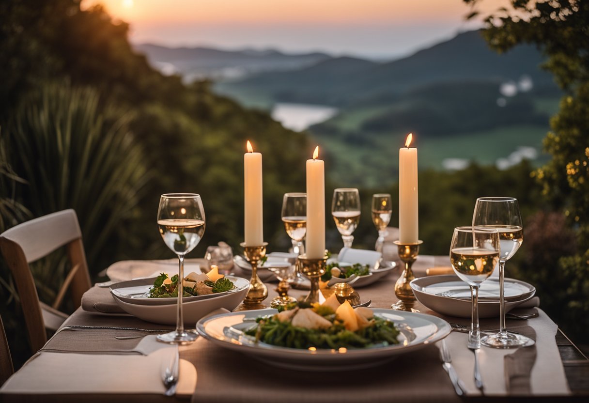 A candlelit table set with gourmet dishes, overlooking a scenic view in a romantic destination