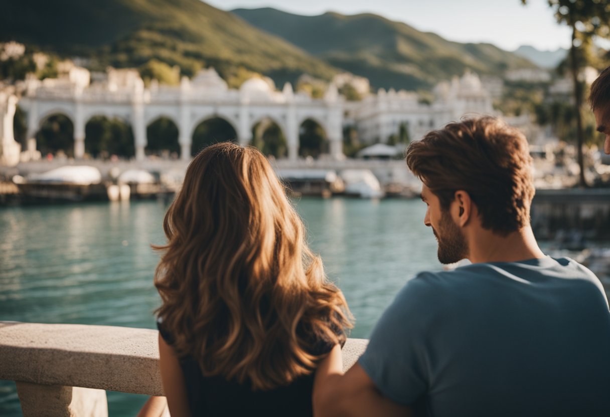 A couple enjoying a romantic activity in a scenic tourist destination