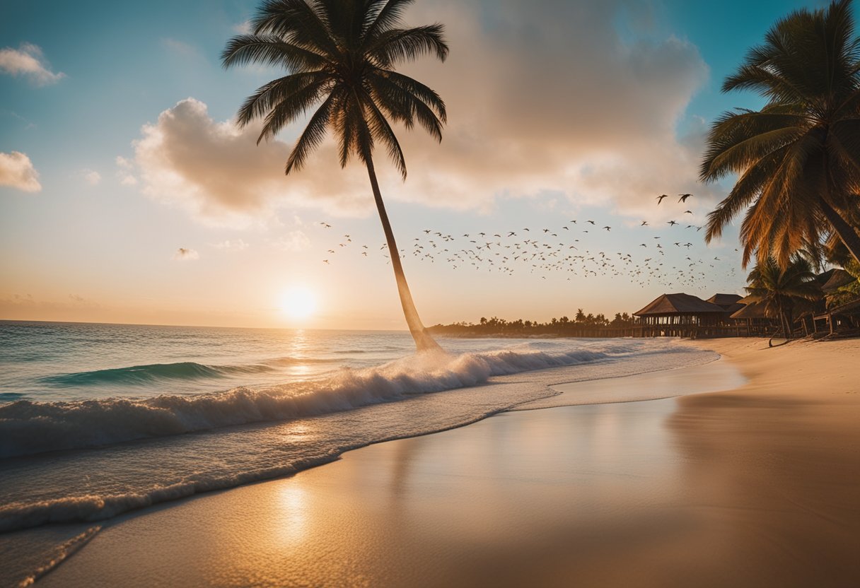 A serene beach at sunset, with palm trees swaying in the breeze and colorful birds flying overhead