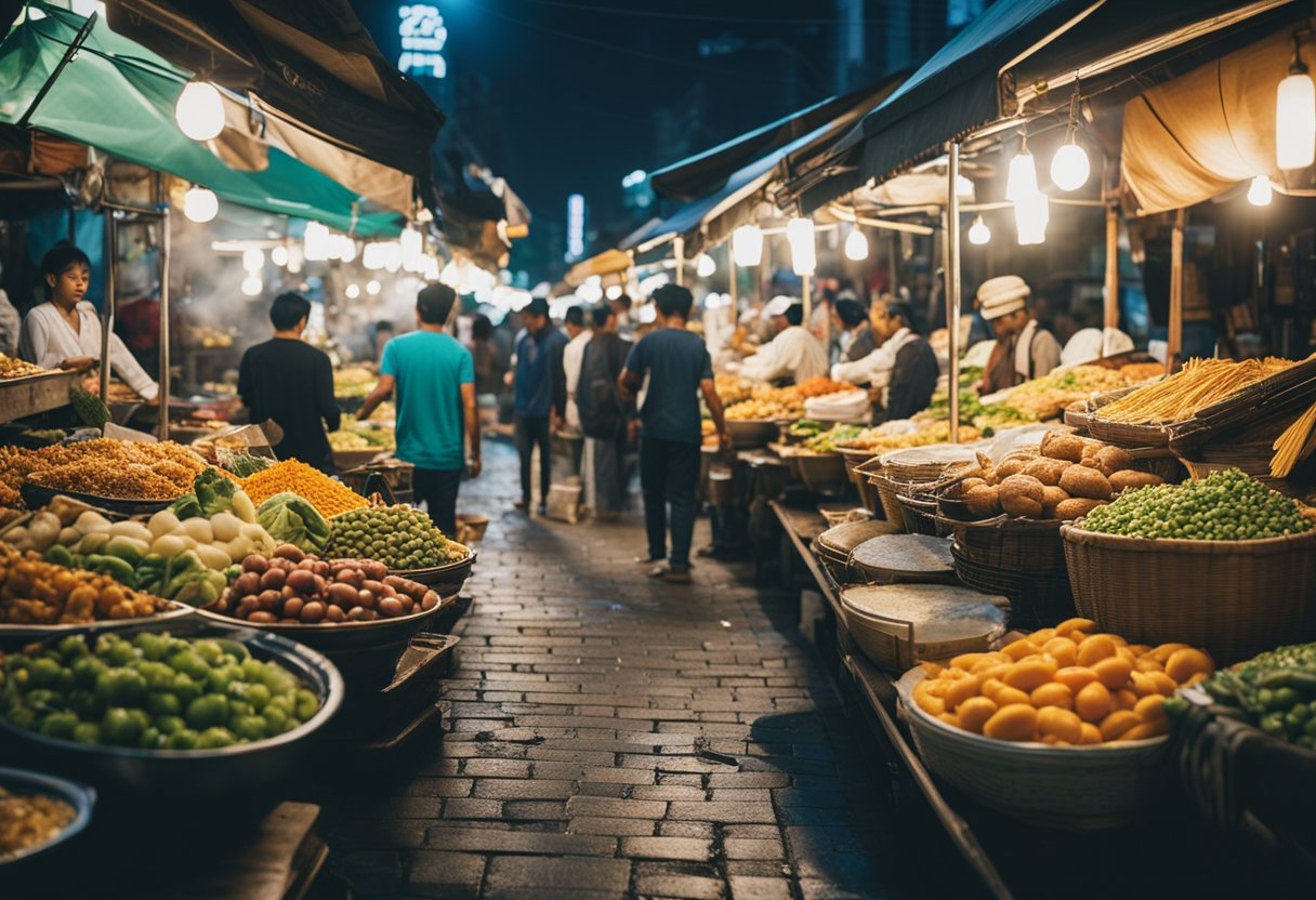 A bustling street market with colorful food stalls from around the world, showcasing diverse cuisines and cultural influences