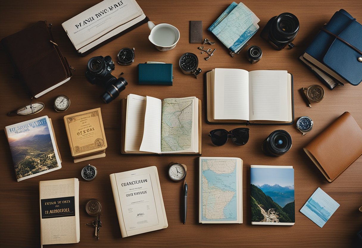 A collection of travel journals from around the world, with open books, maps, and souvenirs scattered on a desk