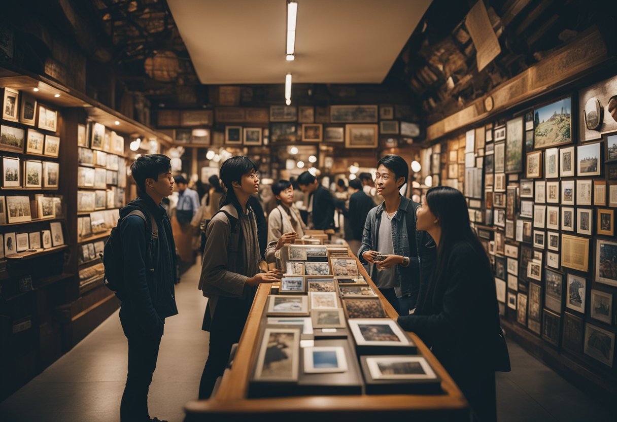 Travelers sharing stories, surrounded by local art and cultural artifacts