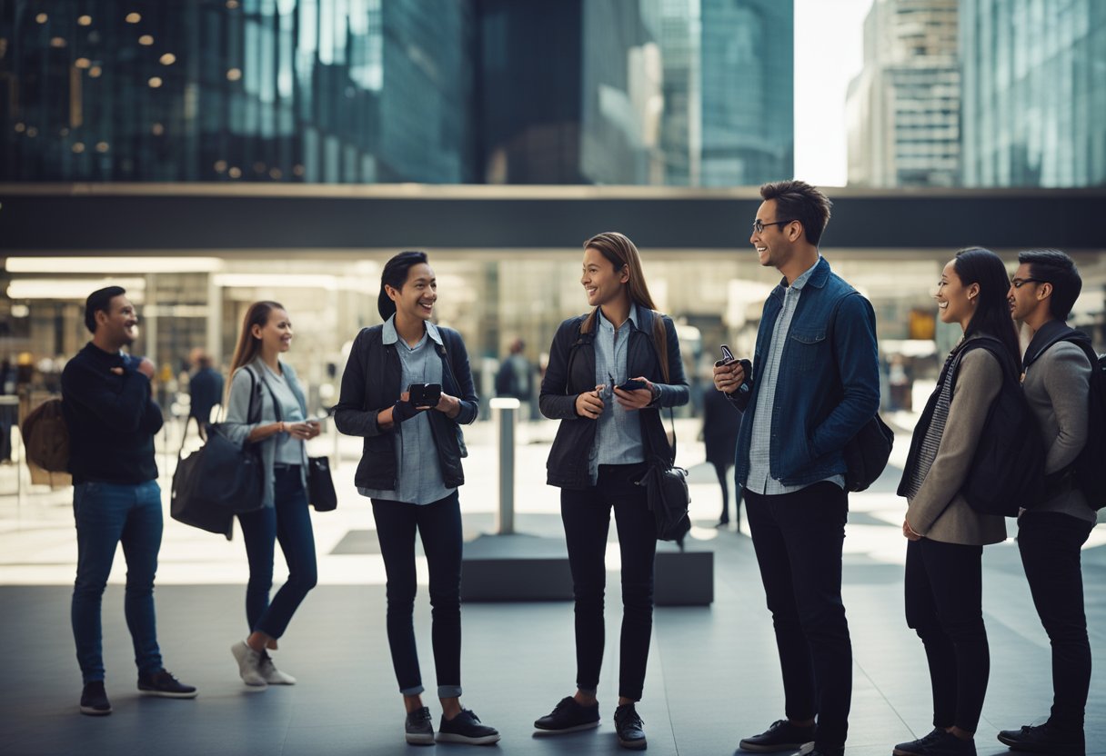 A group of travelers being interviewed about technology and connectivity in a modern, bustling setting