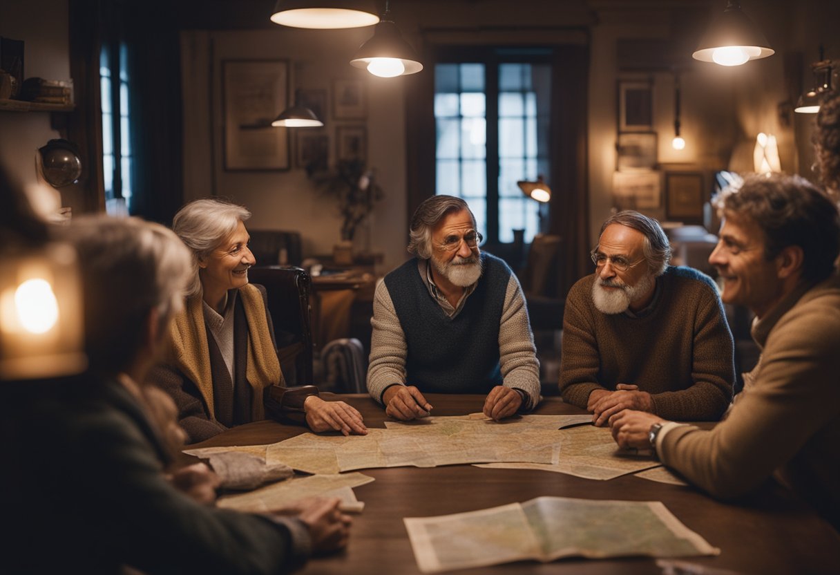 A group of experienced travelers reflecting on their journeys, sharing stories and insights in a cozy, dimly lit room with maps and souvenirs scattered around