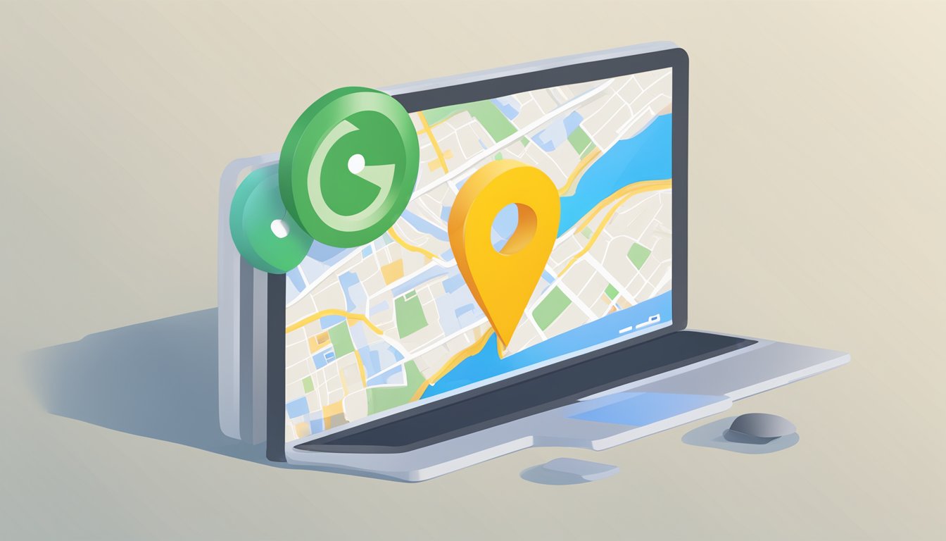 A computer screen with the Google My Business website open, a company logo, and a map location pin