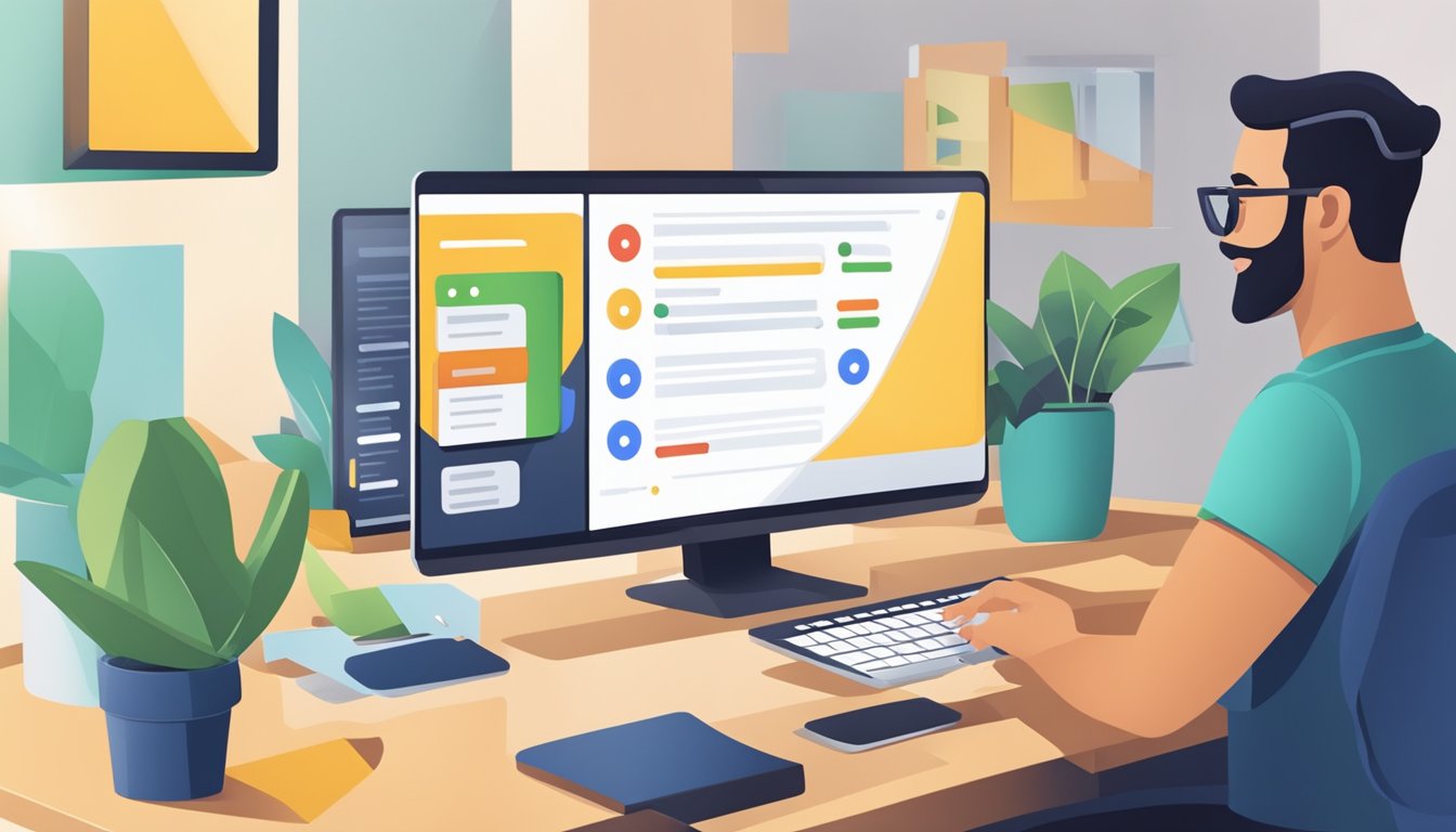 A person managing customer reviews on Google My Business, using a computer and responding to feedback