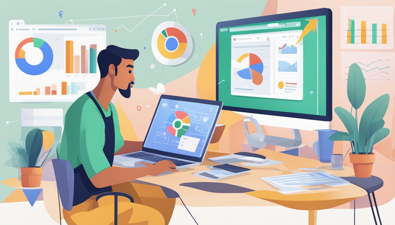 A person analyzing Google My Business on a computer, surrounded by data charts and graphs