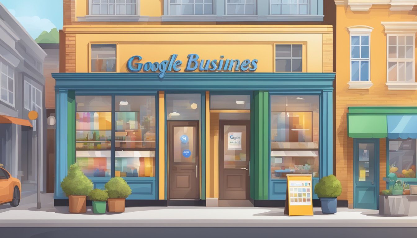 A storefront with a prominent Google My Business sign, surrounded by other local businesses