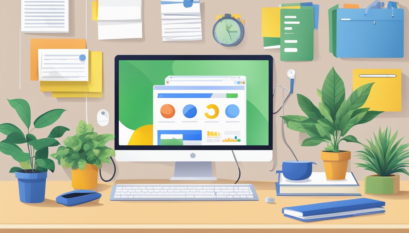 A computer screen with "Additional resources and support for Google My Business" displayed, surrounded by office supplies and a plant