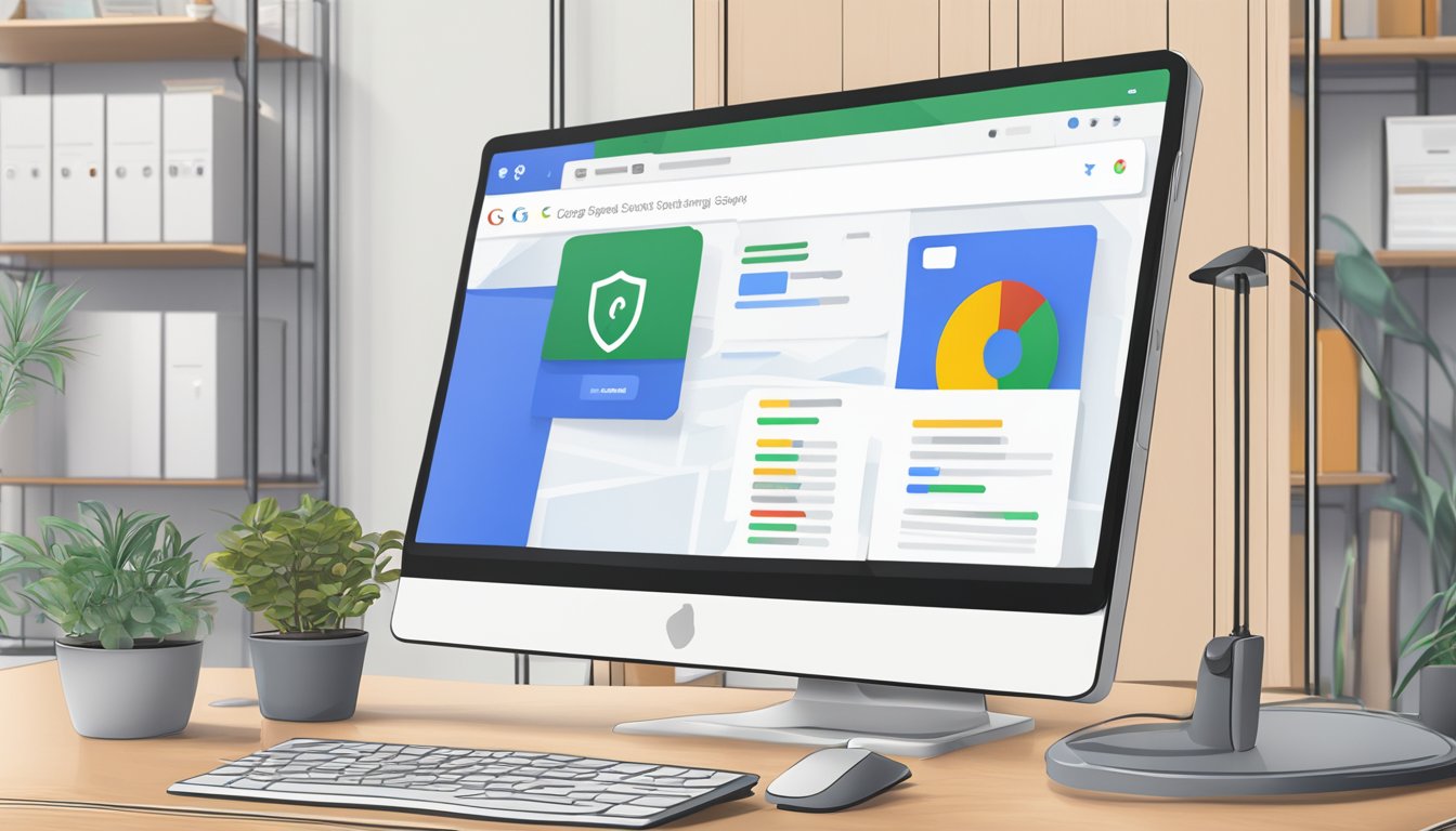 A secure office setting with Google My Business displayed on a computer screen, emphasizing privacy and security
