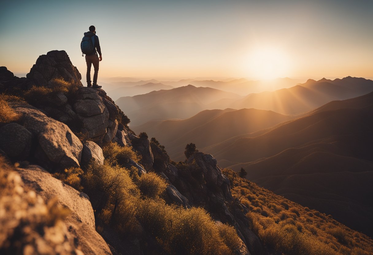 A traveler conquering a mountain peak, gazing at the breathtaking view below. The sun sets in the distance, casting a warm glow over the rugged landscape