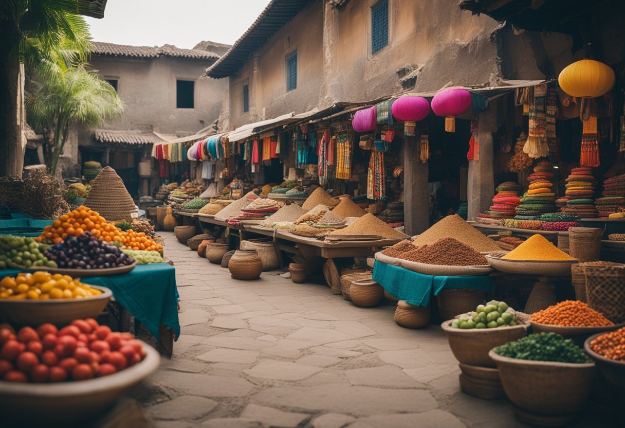 A colorful marketplace with diverse cultural artifacts and vibrant textiles, surrounded by ancient ruins and lush landscapes