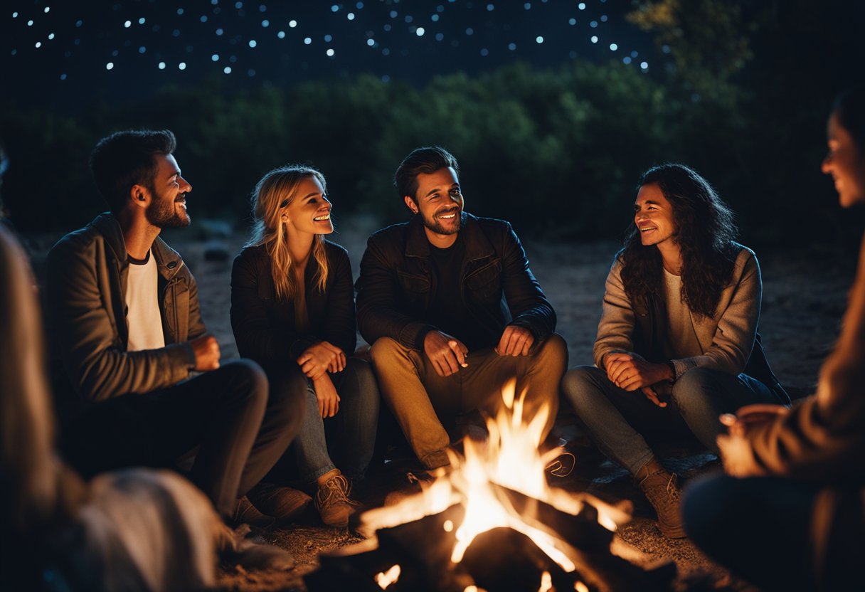 A diverse group of people sharing stories around a campfire under a starry sky. The glow of the fire illuminates their faces as they connect through their inspiring travel experiences