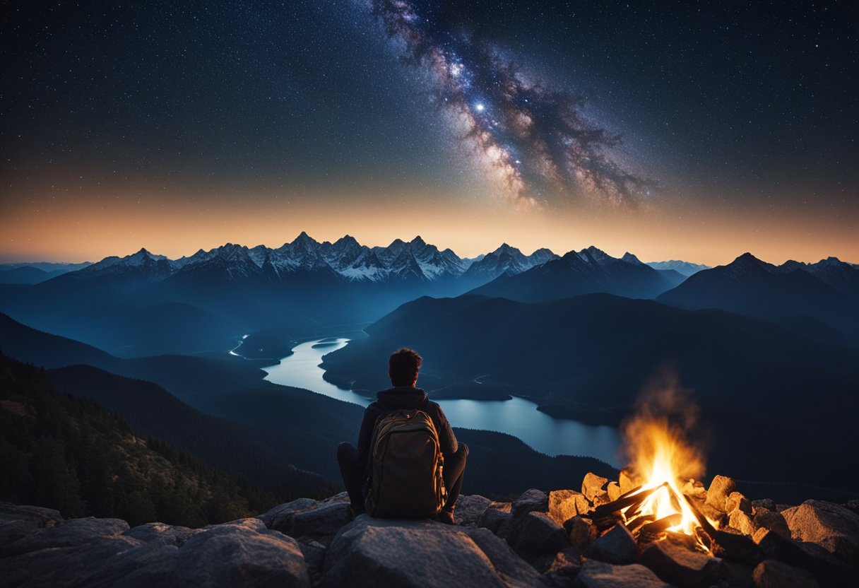 A traveler gazes at a majestic mountain range under a starry sky, with a campfire flickering nearby