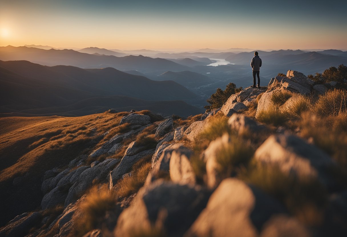 A person standing on a mountain peak, gazing at a vast landscape. The sun is setting, casting a warm glow over the scene. The figure appears contemplative, inspired by the journey and personal growth