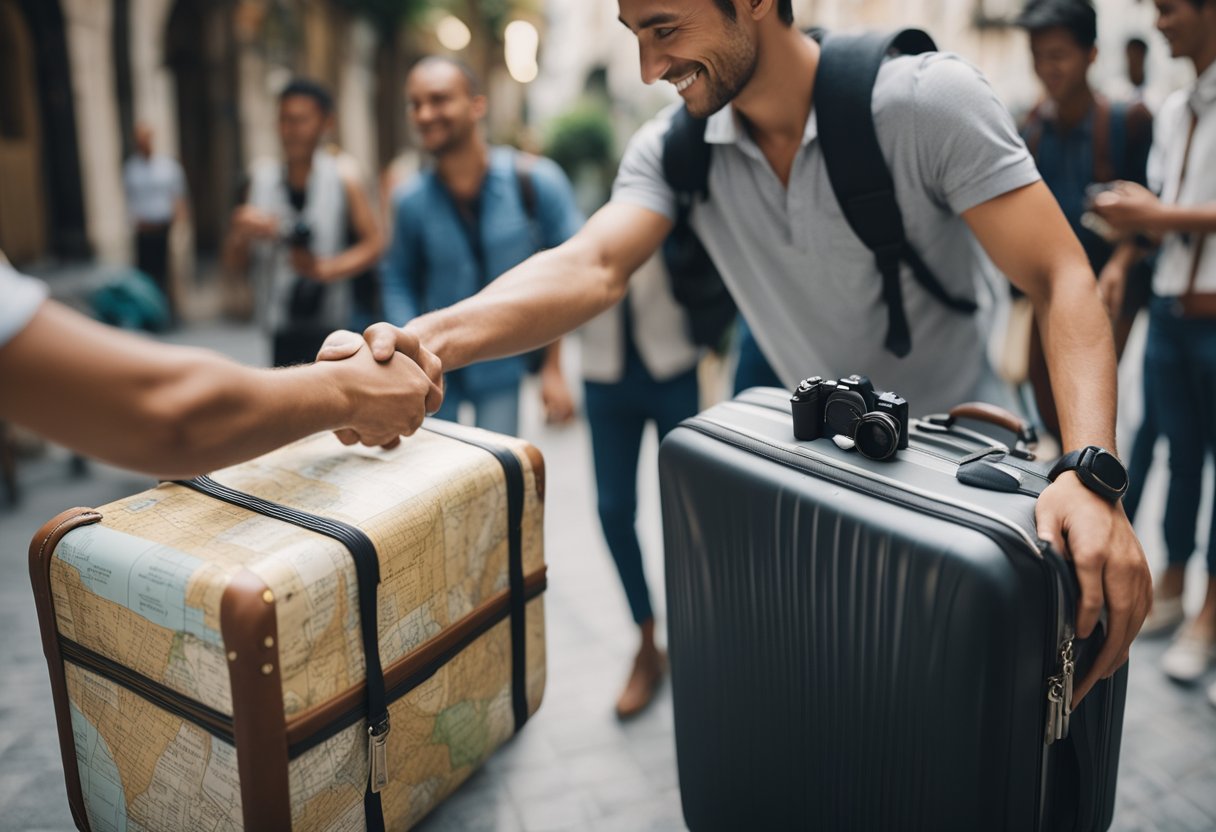 A person packing a suitcase with a map and camera, smiling and shaking hands with locals in a foreign city