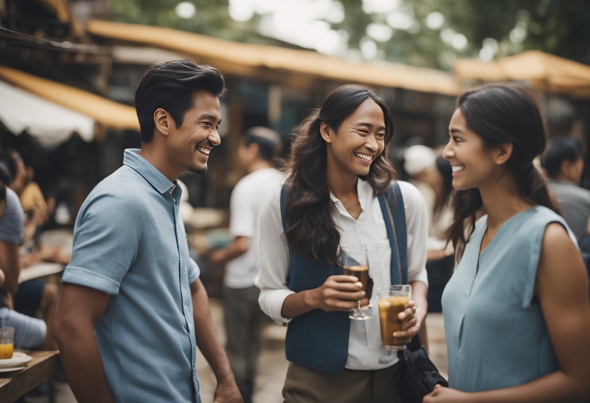 People engaging in local activities, smiling and conversing. A group forming connections, enjoying the cultural experience