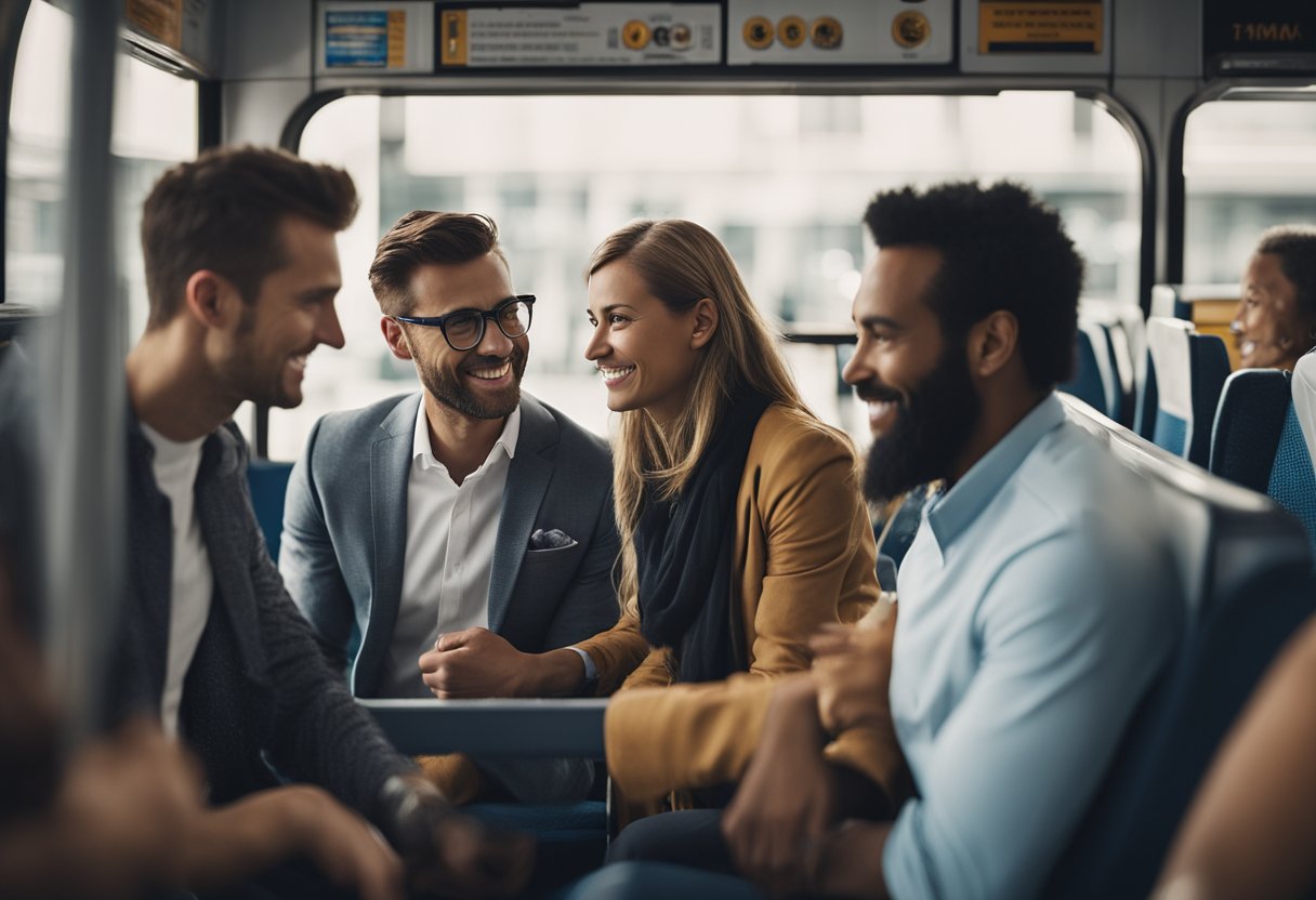 Passengers chatting and smiling on a bus or train. Engaging in conversation, exchanging contact info