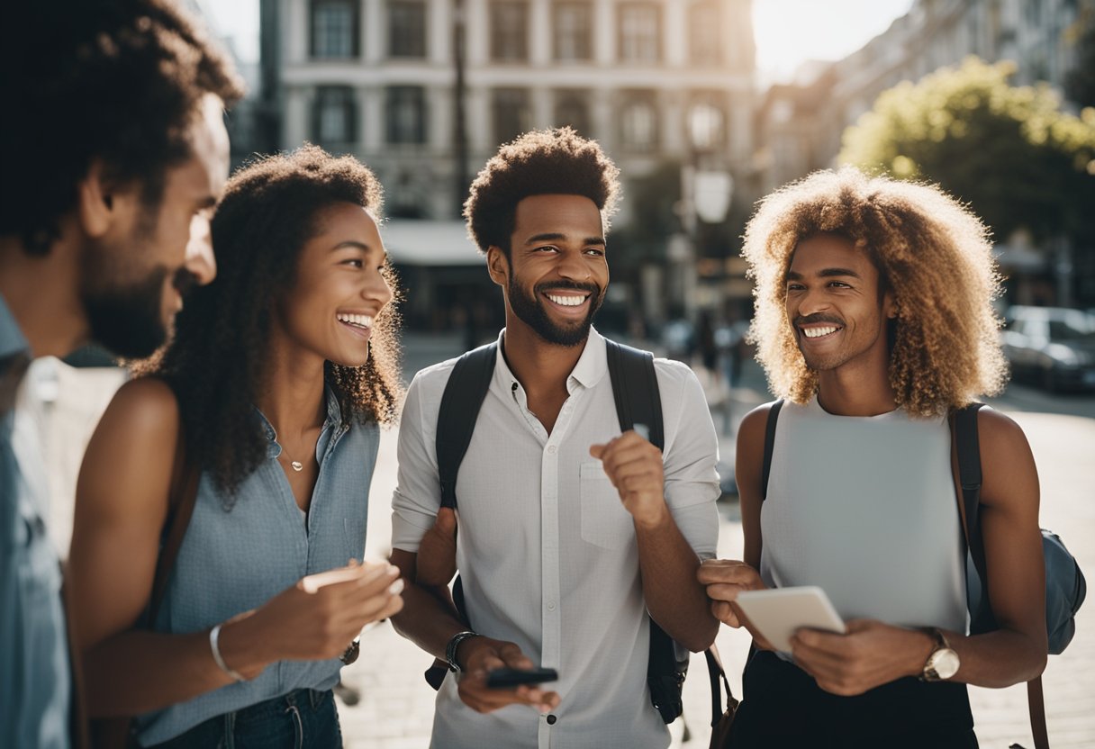 A group of people exchanging contact information and smiling after a trip, showing new friendships formed during the journey