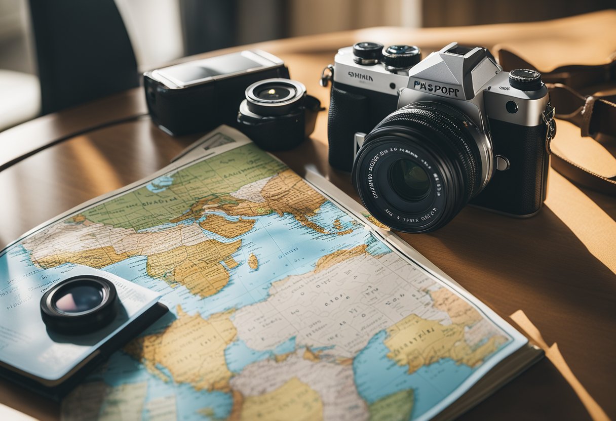 A map, passport, and backpack lay on a table, surrounded by travel guides and a camera. The window shows a sunny landscape