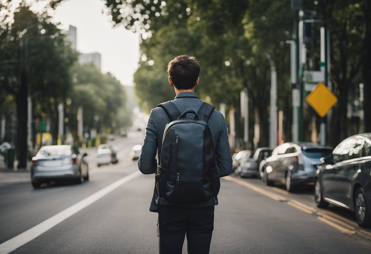 A person stands at a crossroads, pondering between a bicycle, a car, and a backpack. The road stretches out before them, leading to unknown destinations