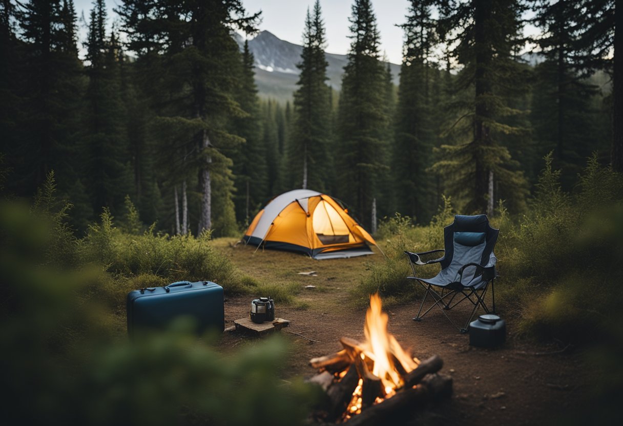 A makeshift campsite in a scenic, remote location with a tent, campfire, and backpacks, surrounded by nature