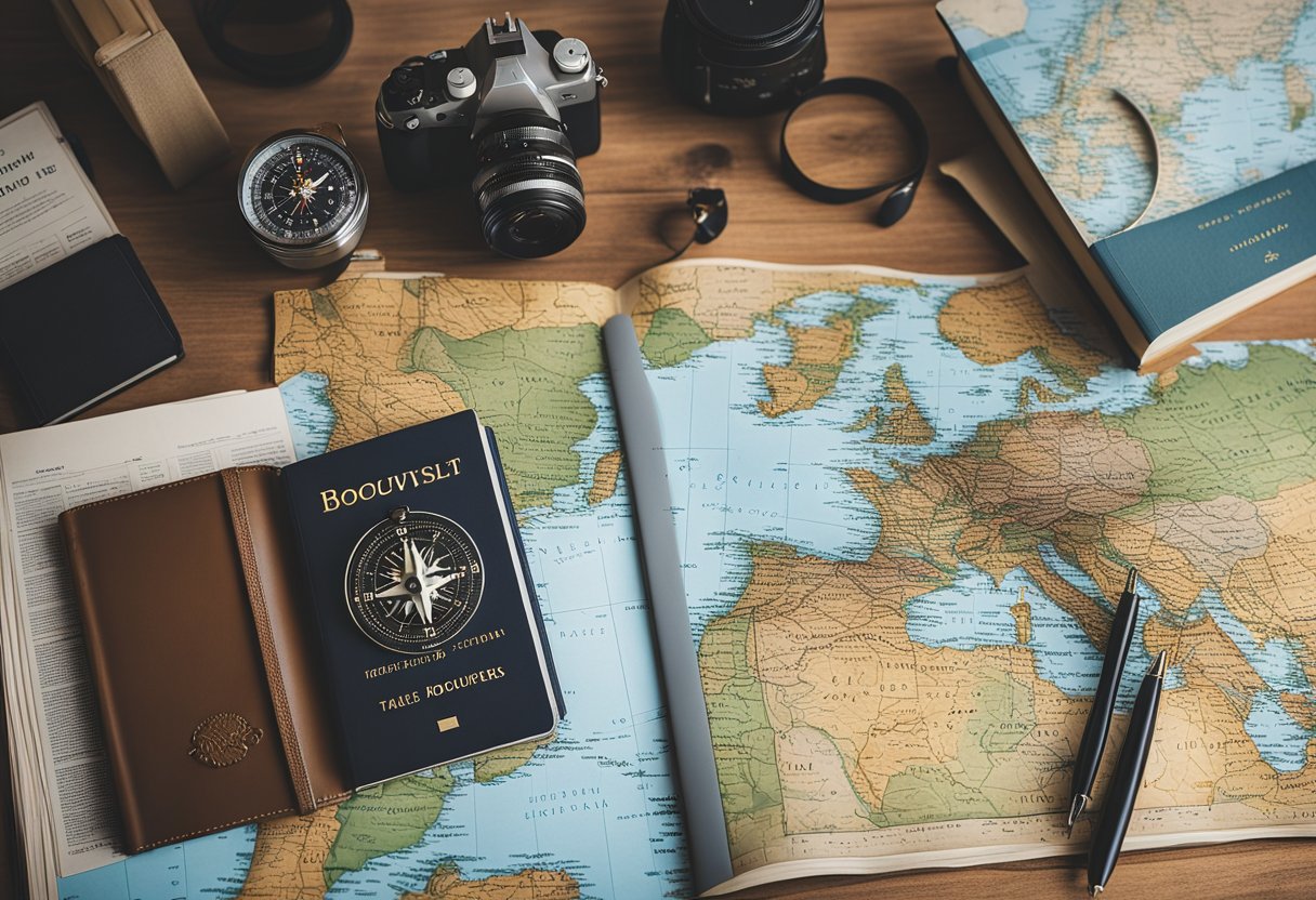 A map surrounded by various travel guides and brochures, with a compass and a journal on a table