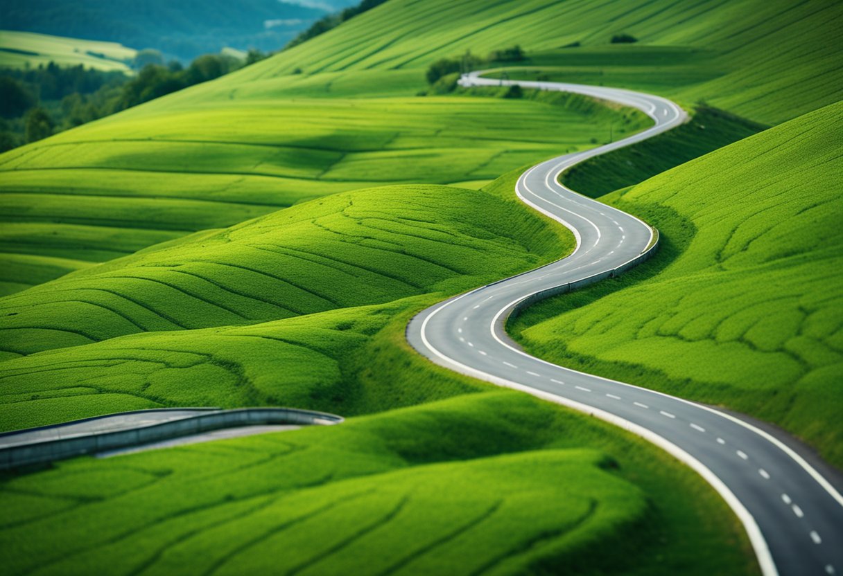 A winding road stretches through a lush, green landscape, disappearing into the horizon. A colorful map flutters in the breeze, surrounded by a sense of freedom and possibility