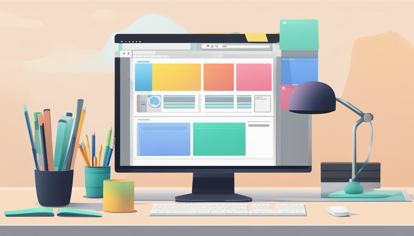 A computer screen with a hjemmesiden layout being designed, with a mouse and keyboard nearby