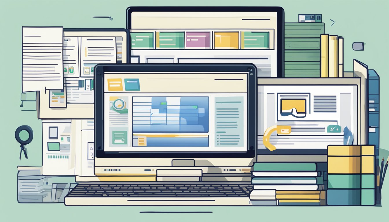 A computer screen displaying a website with "Innhold og SEO hjemmesiden" at the top. A stack of books and a pen sit next to the keyboard