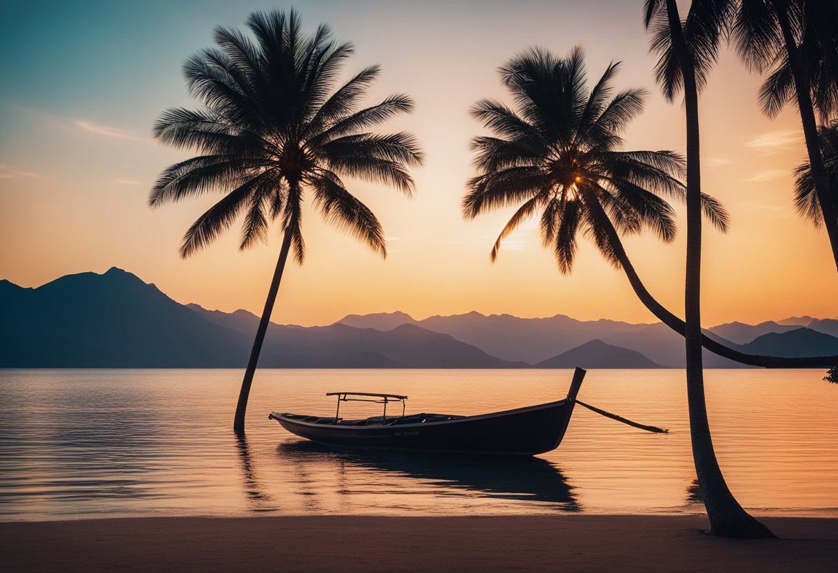 A serene beach at sunset with palm trees and a colorful sky, a lone boat on the calm water, and distant mountains in the background