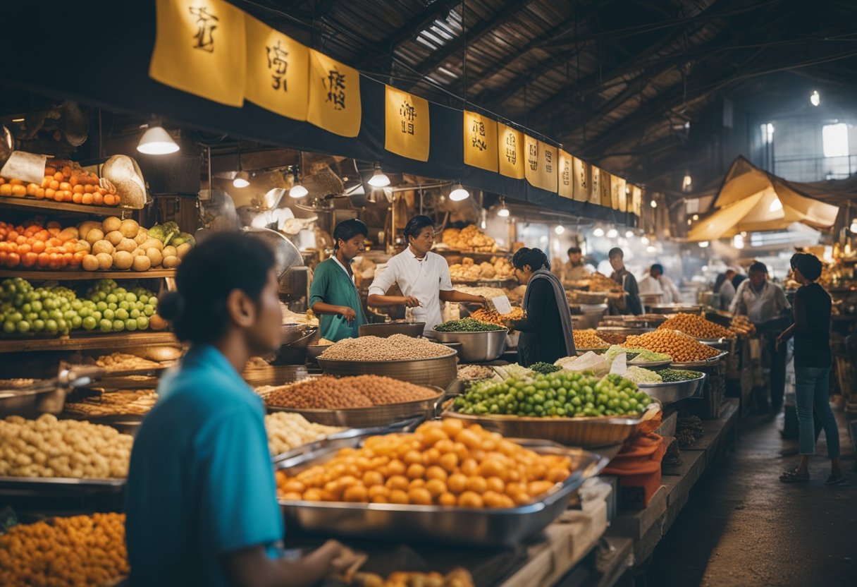 A colorful market scene with diverse food and cultural items on display. Tables filled with exotic dishes and people enjoying the unique gastronomic experiences