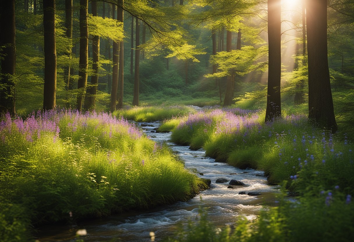 A serene forest clearing with sunlight filtering through the trees, a babbling brook, and colorful wildflowers in bloom