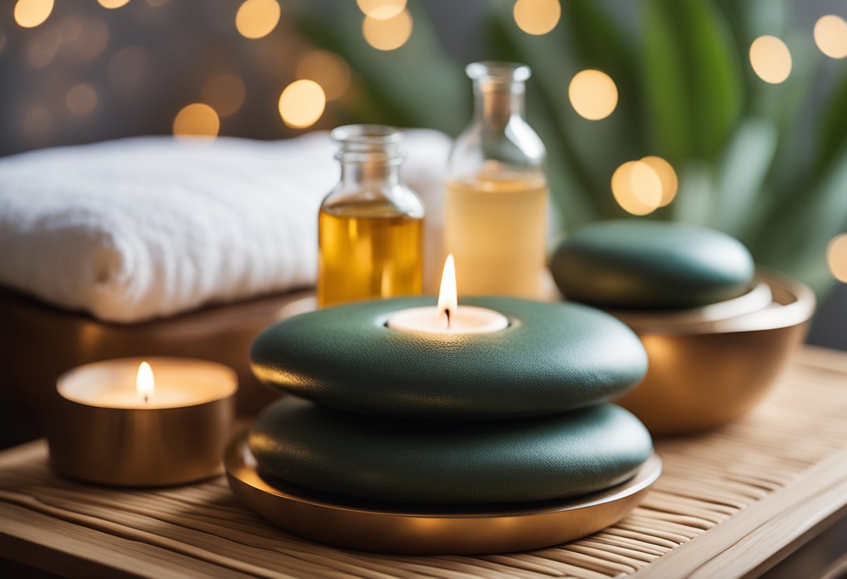 A serene spa with soft lighting, a bubbling hot tub, and calming aromatherapy. Meditation cushions and soothing music complete the tranquil atmosphere