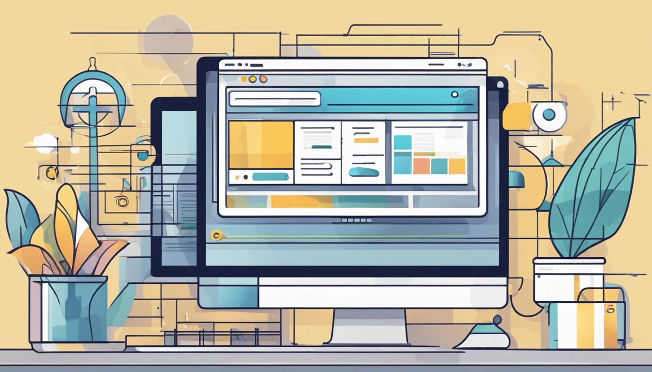 A computer screen displaying a website being customized with various design elements and layout adjustments