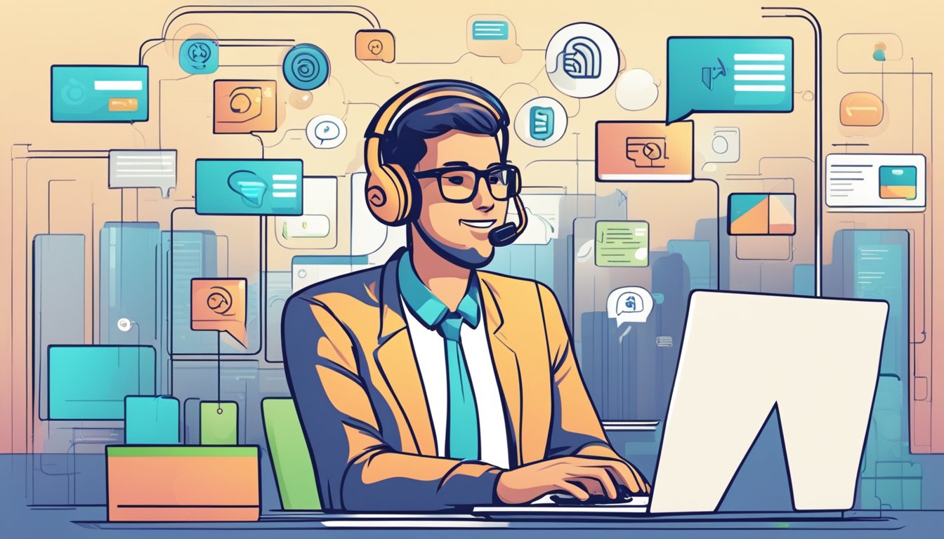 A customer service website showing interaction with users through chat, email, and phone support