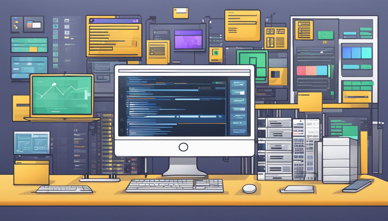 A computer screen with various web hosting and platform options displayed, surrounded by design and coding tools