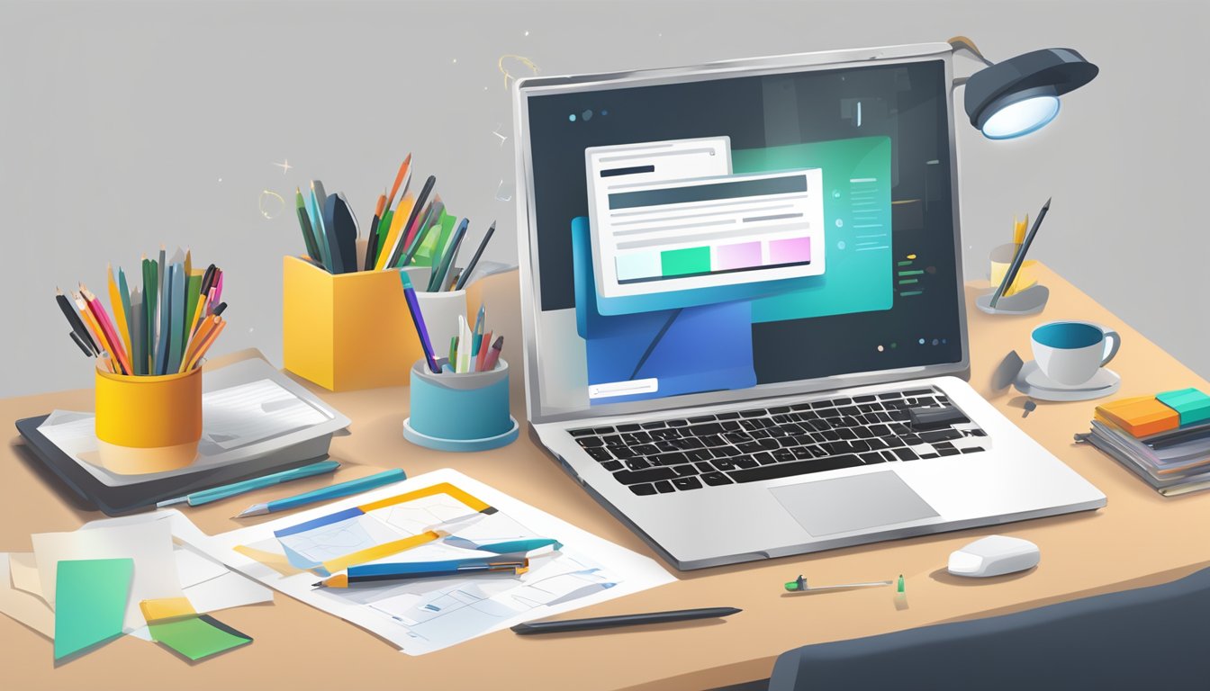 A computer screen displaying a website being created, with a stylus and design tools scattered on a desk