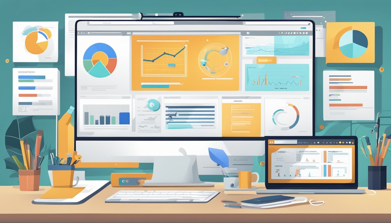 A computer screen displaying a website with SEO optimization elements, surrounded by keyword research tools and analytics charts