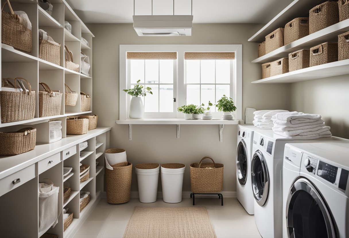 A laundry room with shelves, baskets, and labeled containers for organization. A folding table and hanging rod for clothes. Bright lighting and a clean, clutter-free space