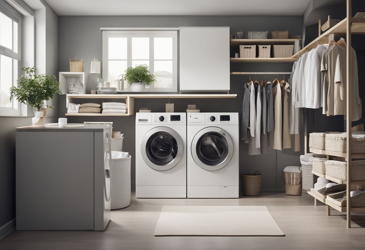 A laundry room with neatly organized shelves, labeled containers, and a hanging rod for clothes. The washing machine and dryer are placed side by side with a folding table nearby