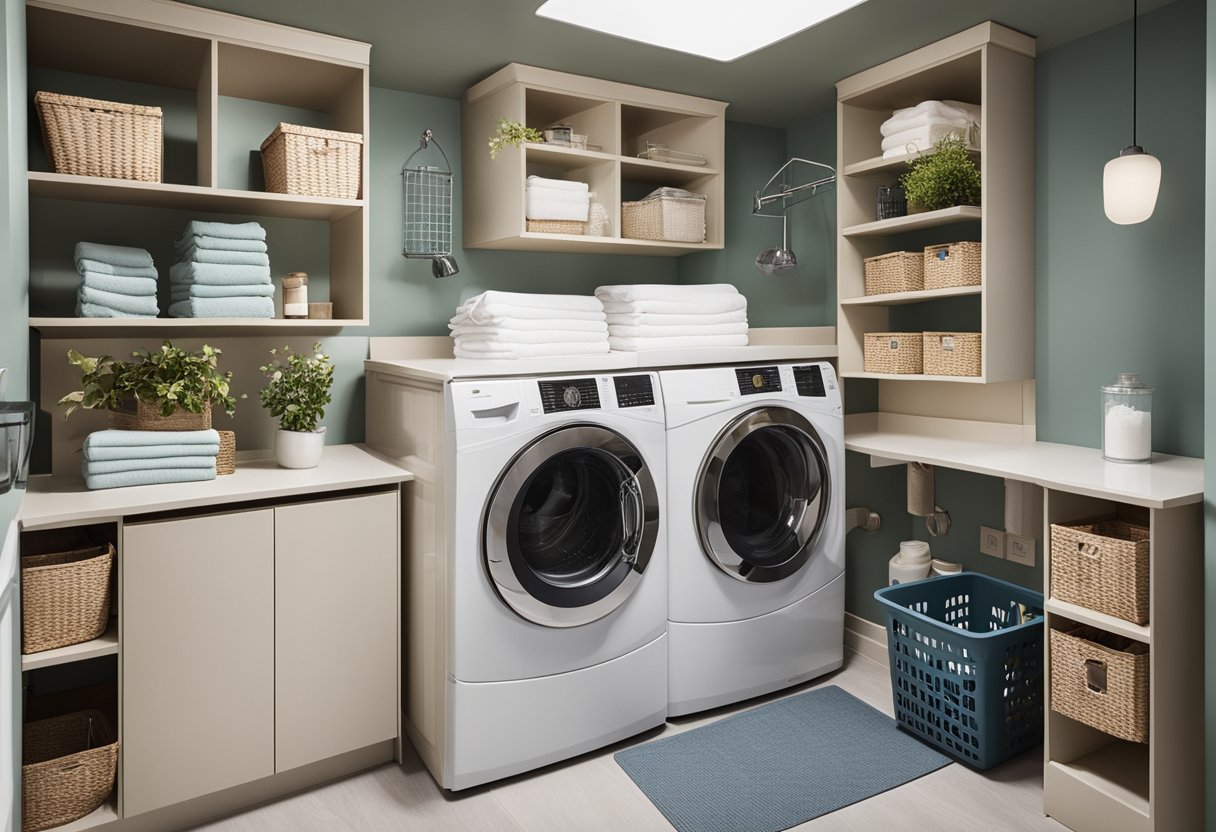 A well-organized laundry room with labeled storage bins, hanging racks, and a folding table for functional use