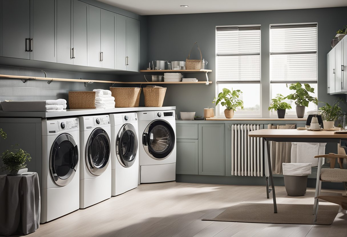 A well-organized laundry room with storage, folding table, and ergonomic appliances