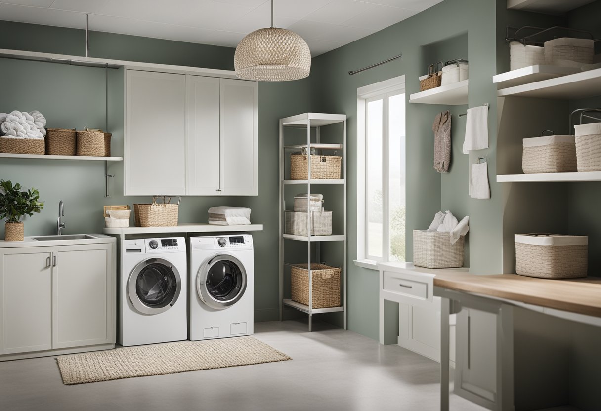 A laundry room with organized shelves, labeled storage bins, a folding table, and a hanging rack for clothes. A mop and broom are neatly stored in a corner