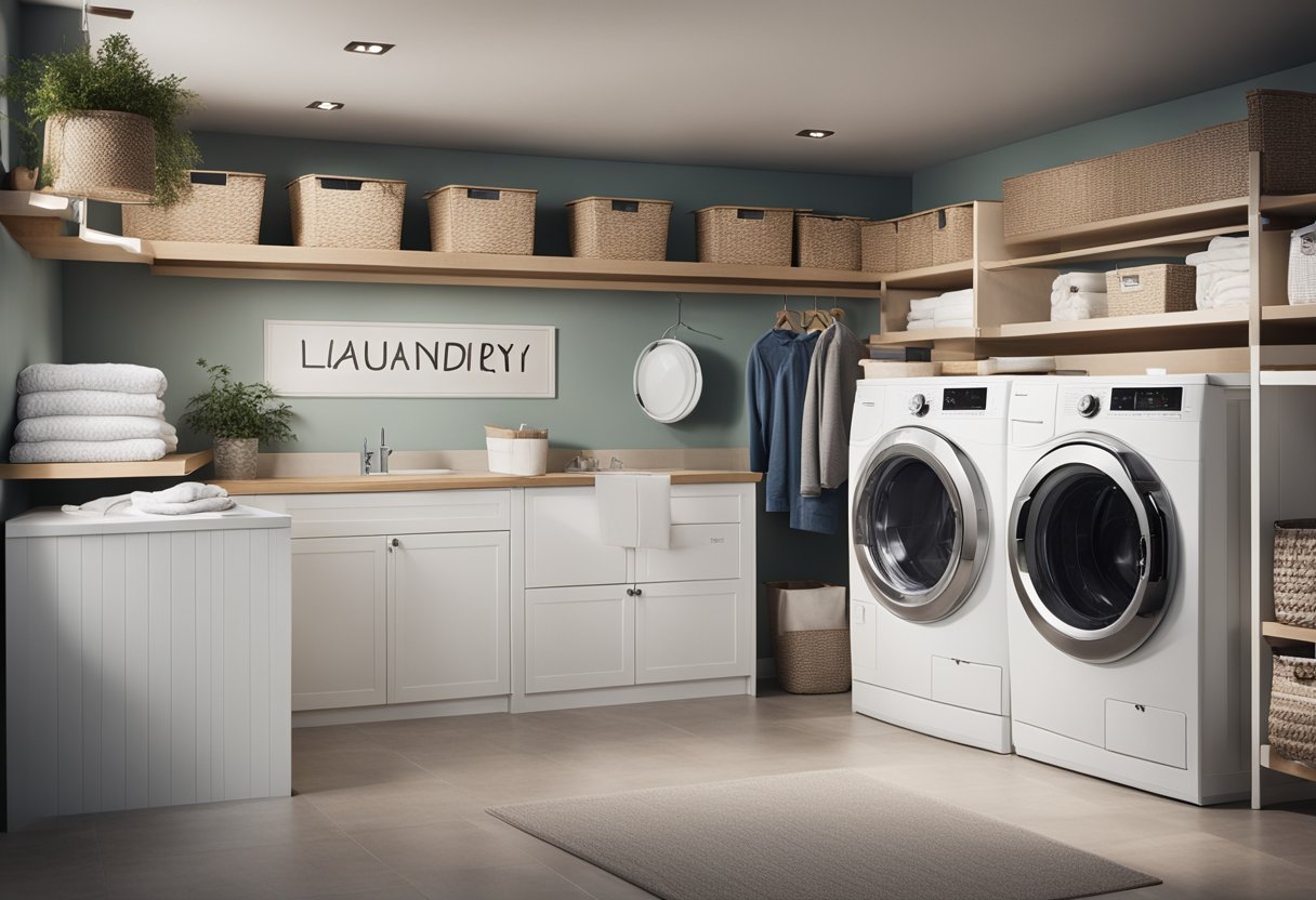 A well-organized laundry room with labeled storage, hanging space, and a folding area. Bright lighting and a clean, clutter-free environment