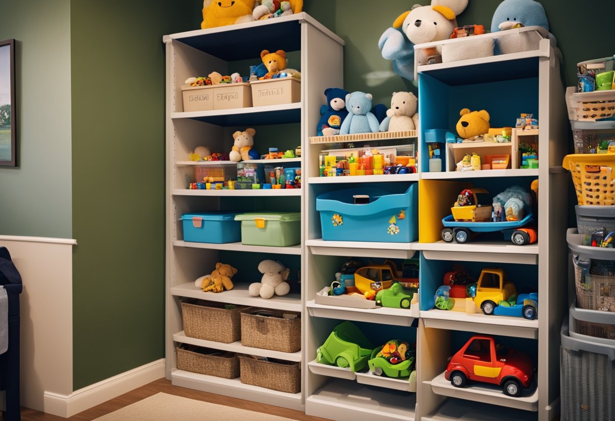 Toys neatly organized in labeled bins on shelves, with a child-friendly height for easy access. A toy chest with a cushioned top doubles as seating, while wall hooks hold larger items